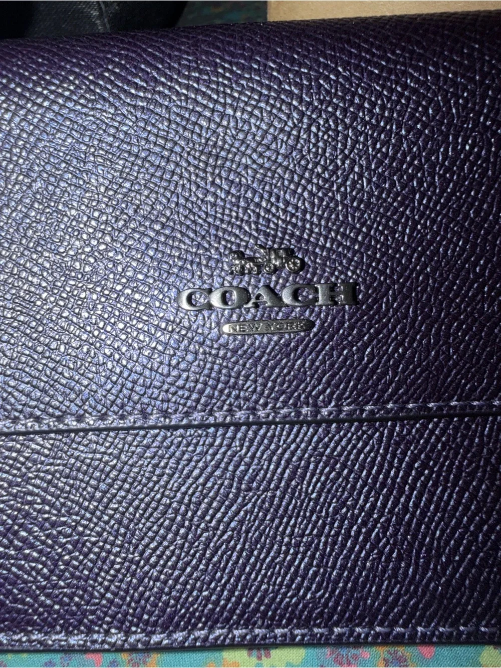 Coach navy blue metallic Pebbled Leather Crossbody with Gunmetal Chain